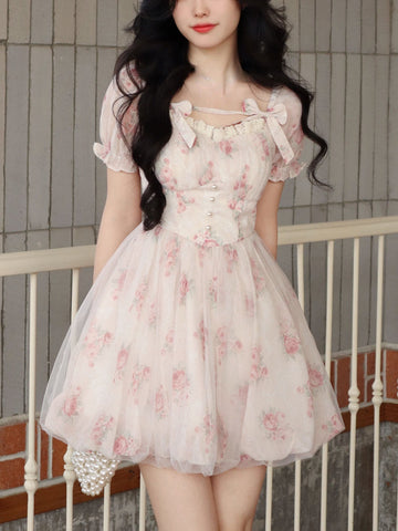 Sonicelife Japanese Fashion Coquette Dollette Soft Girl Aesthetic Floral Dress with Pearl Buttons