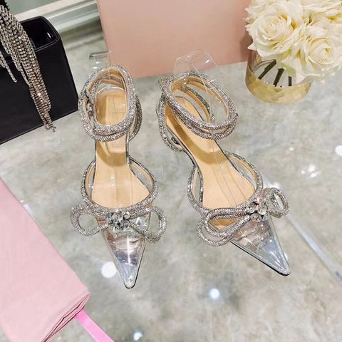 Sonicelife  2023 Hot Glitter Rhinestones Women Pumps Crystal bowknot Satin Summer Lady Shoes Genuine leather High heels Party Prom Shoes