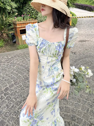 Sonicelife   -  French Elegant Floral Dress Beach Style Women Chiffon Short Sleeve Fashion Midi Dres Even Party Casual Fairy Dress Summer