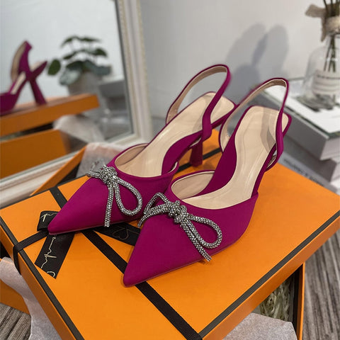 Sonicelife  New Women Sandals Pointed Toe Butterfly Knot Crystal  Female Pumps Flock Thin Heel  Plus Size Ladies Summer Fashion Shoes