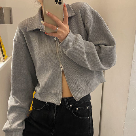 Sonicelife Korean Fashion Gray Zipper Sweatshirt Women Harajuku Oversized Long Sleeve Jacket Casual Tracksuit Female Crop Tops