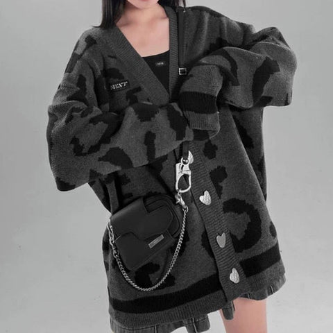 Sonicelife  Gothic Korean Style Leopard Print Grey Oversize Sweater Cardigan Women Punk Streetwear Harajuku Jumper Female Tops