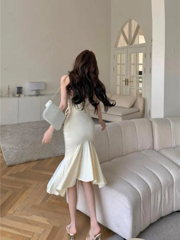Sonicelife   Summer Aesthetic Midi Dress Women Strapless Fishbone Bandage Irregular Dress Party Club Sexy Elegant Dresses Backless Solid