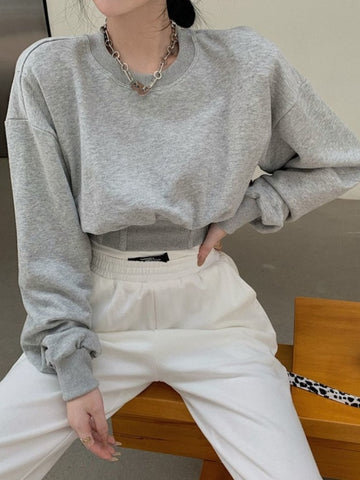 Black Friday Sonicelife Korean Fashion Gray Hoodies Women Harajuku High Waist Cropped Sweatshirts Loose All-Match Pullover Tops Kpop Streetwear