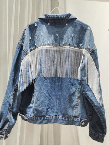 Sonicelife Spring Autumn Denim Jacket Women Fashion Bead Tassel Dolman Sleeve Vintage Jacket Casual Women Coat Party Stage Costumes Y2K