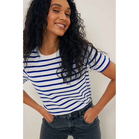 Sonicelife Early Autumn New Cross border European and American Versatile Simple Loose Cotton Round Neck Stripe Short Sleeve