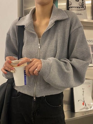 Sonicelife Korean Fashion Gray Zipper Sweatshirt Women Harajuku Oversized Long Sleeve Jacket Casual Tracksuit Female Crop Tops