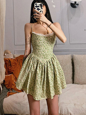 Sonicelife hoco dresses 2024 New  Summer Women's Sling Floral Lace Sweet Mini Dress Summer Casual Sleeveless Bandage Backless Chic Flower Print Beach Wearing