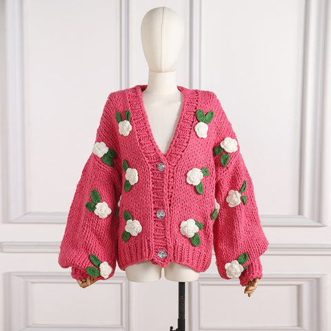 Sonicelife 2024 Women's Cardigans Multicolor Floral Knitted Decoration Long Sleeve Loose Coats Warm Sweaters 3 Colors