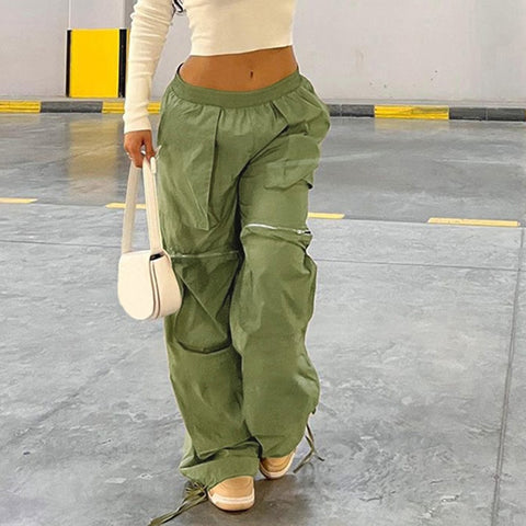 Sonicelife Halloween Y2k Green Cargo Pants for Women Big Pockets Baggy Straight Jogging Sweatpants Trousers Streetwear Drawstring Parachute Pants