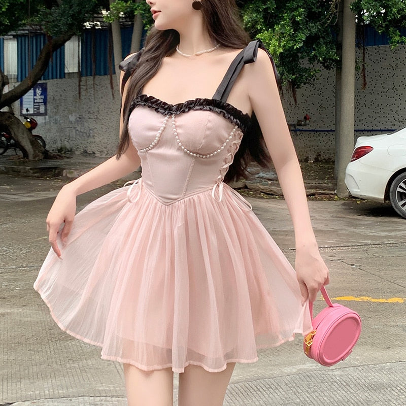 Sonicelife hoco dresses  New Summer Dress French Style Princess Straps Dress High Waist Thin Pink Sweet Short Fairy Dress Female Sundress Bestidos