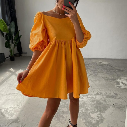 Sonicelife   Elegant Puff Sleeve Pleat A-Line Beach Dress Casual Summer Loose Cover-Ups 2024 Fashion Women Square Collar Solid Sundress