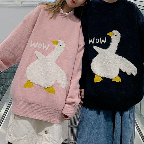 Sonicelife  Korean Style Kawaii Cartoon Goose Print Knitted Sweater Women Harajuku Oversize Crewneck Long Sleeve Jumper Pullover