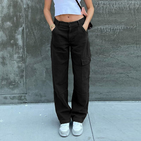 Sonicelife  Vintage Baggy Jeans For Women Y2K Pockets Wide Leg Cargo Pants Streetwear Casual Boyfriend Low Waist Denim Straight Trousers