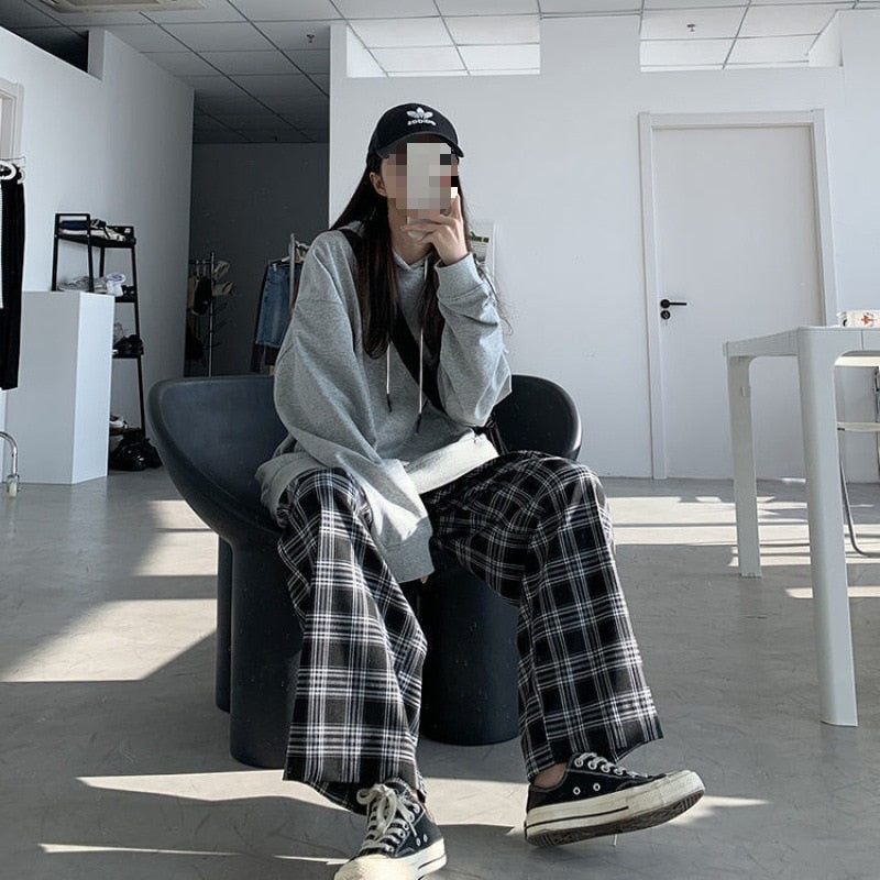 Sonicelife Early Autumn New Plaid Wide Leg Pants Versatile Casual Women's High Waist Loose Drop Straight Sleeve