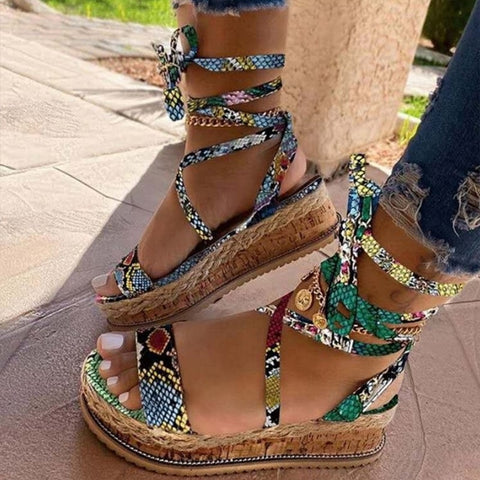 Sonicelife  New Summer Women Snake Sandals Platform Heels Cross Strap Ankle Lace Peep Toe  Beach Party Ladies Shoes Zapatos Sandals