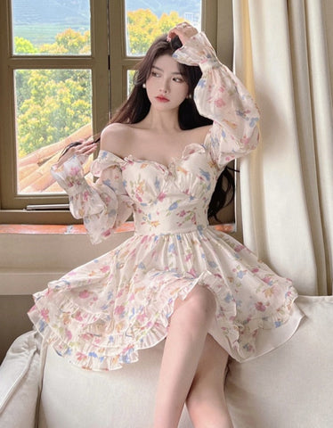 Sonicelife Kawaii Aesthetic Soft Girl Pastel Floral Sweetheart Neckline Dress