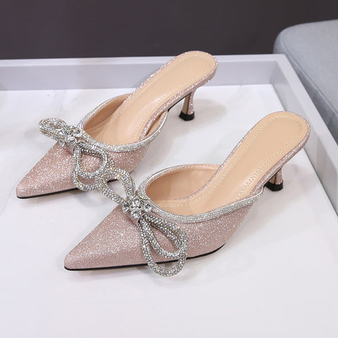 Sonicelife Rhinestones Bowknot Sandals For Women  Buckle Strap Ladies High Heel Pumps Pointed Toe Silk Fashion 2023 Female Shoes Summer