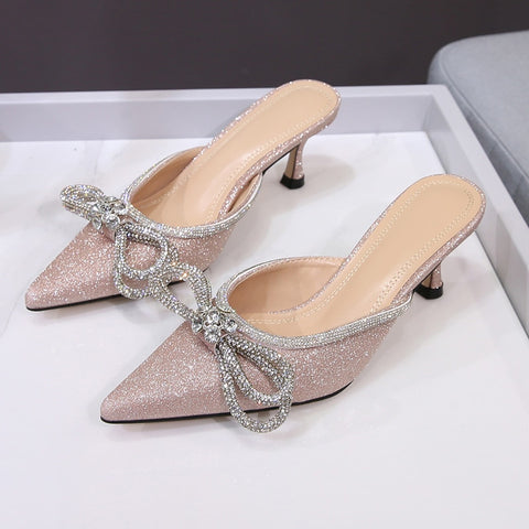 Sonicelife Rhinestones Bowknot Sandals For Women  Buckle Strap Ladies High Heel Pumps Pointed Toe Silk Fashion 2024 Female Shoes Summer