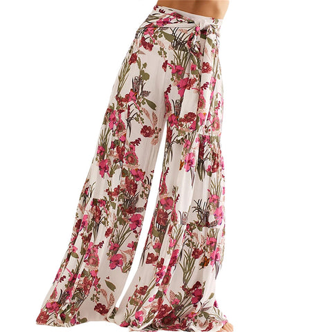 Sonicelife 2024 Women Fashion Floral Printed Pants High Waist Casual Loose Flared Wide Leg Straight Printing Holioday Beach Trousers