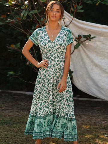 Floral Printed Hippie Maxi Dress Short Sleeve V Neck Vintage Vestidos Summer 2023 Beach Boho Casual Clothes long Women Dresses