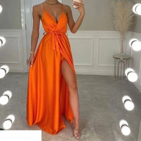 Sonicelife Sleeveless  Spaghetti Strap Maxi Floor Long Dress Women Satiin Belt Split Party Dress 2024 Summer New Arrival