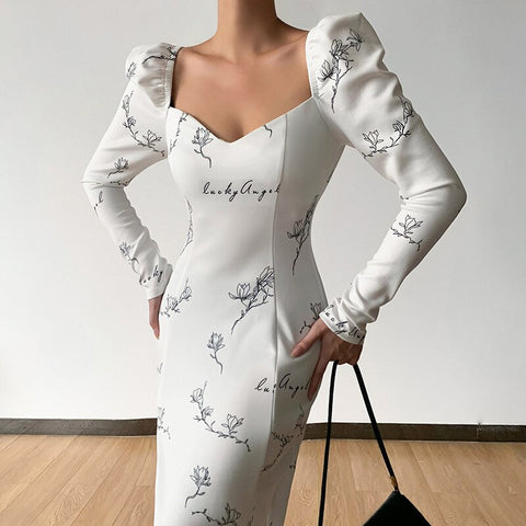 Square Collar High Waist Split  White Dress Spring Puff Sleeve Elegant Printing Party Dresses For Women 2023