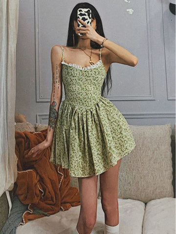 Sonicelife hoco dresses 2024 New  Summer Women's Sling Floral Lace Sweet Mini Dress Summer Casual Sleeveless Bandage Backless Chic Flower Print Beach Wearing