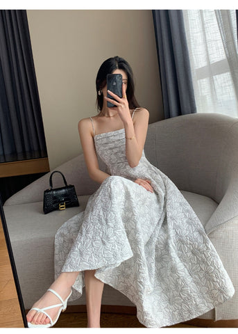 Sonicelife White Midi Dresses for Women New Summer French Style Luxury Look Slim Embossing Clothes Female Vintage Evening Party Dress