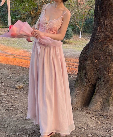Sonicelife Floral Vintage Elegant Strap Dress Women Lace France Sexy Evening Party Long Dresses Pink Sweet Princess Fairy Dress Summer