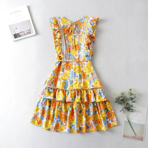 Back to school outfit Sonicelife  Summer Dresses For Women 2023 Inspired Yellow Florla Ruffled Sleeve Summer Dress Cotton Hollow Out Tiered Ruffle Boho Beach Dress Casual Women Dress