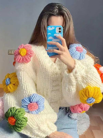 Sonicelife 2024 Women's Cardigans Multicolor Floral Knitted Decoration Long Sleeve Loose Coats Warm Sweaters 3 Colors
