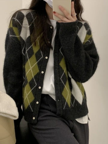 Sonicelife Plaid Sweaters Knitted Cardigan Loose Jacket Retro Coats New Jumpers Round Neck Sweater Women's Clothing Autumn Winter 2024