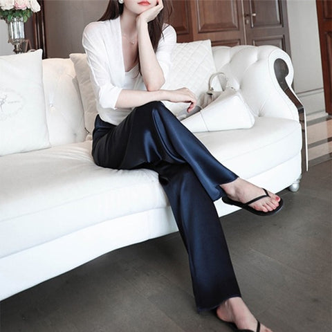 Sonicelife Early Autumn New Silk Wide Leg Pants Women's Summer Thin High Waist Draping Suit Straight Tube New Imitation Acetic Acid Satin Pants