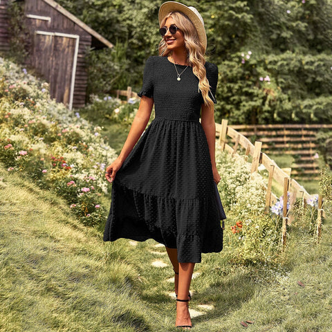 Sonicelife Ladies Elegant Midi Dress Women Casual Short Sleeve Ruffles High Waist Boho Dress Summer O-neck Vacation Vestidos Female