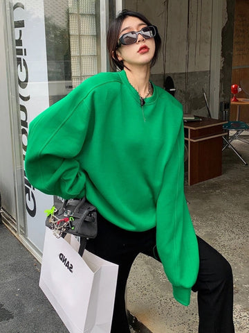 Black Friday Sonicelife Korean Fashion Green Oversize Pullover Sweatshirt Women Harajuku Long Sleeve Solid Hoodies Female Streetwear Top Spring