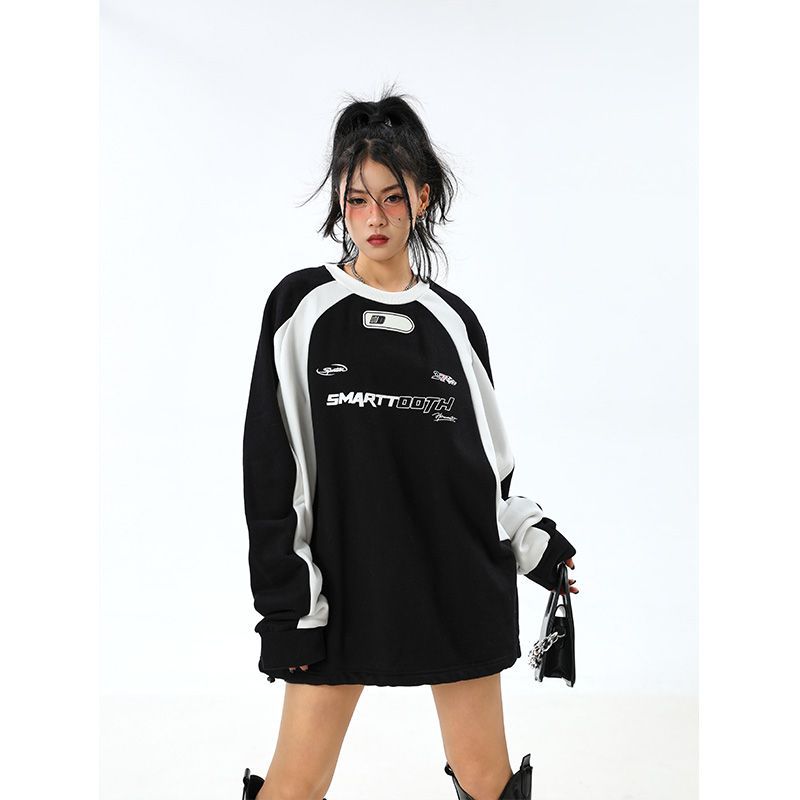 Sonicelife Y2k Motorcycle Racing Sweatshirt Women Oversized Hip Hop Baggy Aesthetic Vintage Letter Printed Color Contrast Pullover Hoodies