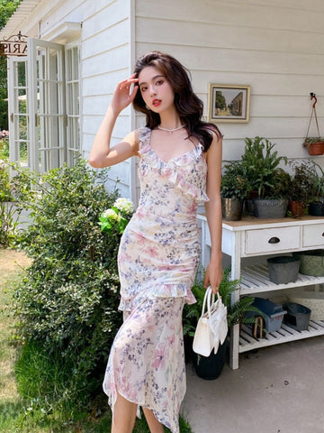 Sonicelife   Summer Sweet Floral Midi Dress Women Beach Printed Casual Even Party Dress Office Lady Elegant Ruffles Dress Korean Fashion