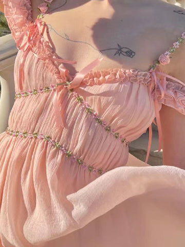 Sonicelife Summer Pink Casual Beach Fairy Dress  Boho France Elegant Strap Dress Women Chiffon Korean Style Sweet Party Midi Dress New