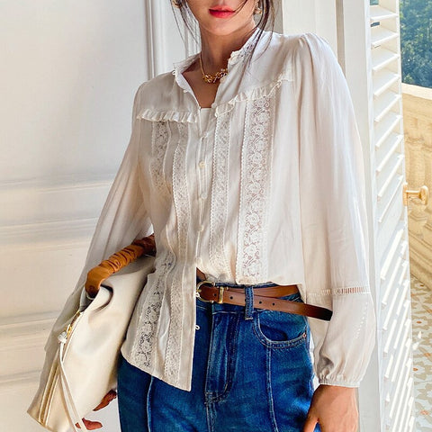 2023 Spring Summer Ruffled Embroidery Blouses V-Neck Long-sleeve French Blouse V-neck Boho White Lady Shirts Blusas