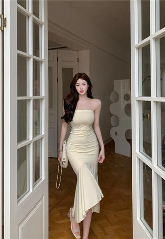 Sonicelife   Summer Aesthetic Midi Dress Women Strapless Fishbone Bandage Irregular Dress Party Club Sexy Elegant Dresses Backless Solid