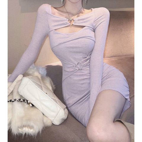 Sonicelife Coquette Aesthetic Balletcore Heart Belt Rib Knit Dress