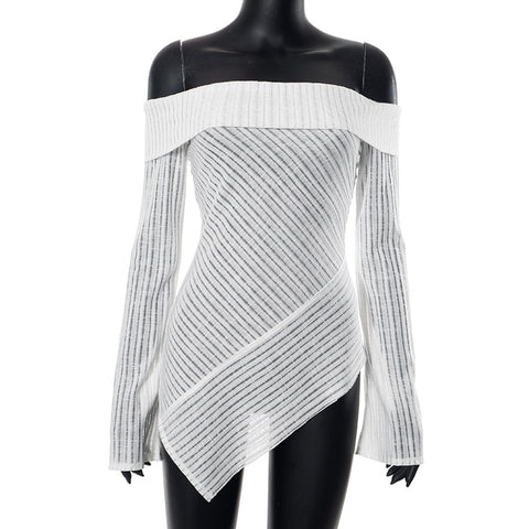 Sonicelife White Knit Off Shoulder Tops foe Women Y2k Asymmetric Hollow Sheer T Shirt See Through Autumn Streetwear Stripe Blouse