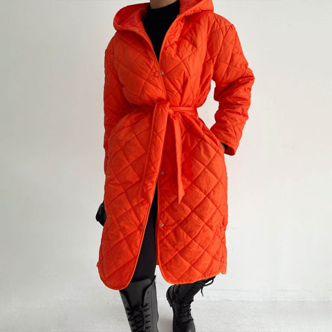 Sonicelife  autumn  winter 2024 hooded rhombus cotton jacket women's autumn and winter coat new casual all-match waist long cotton coat women