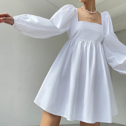 White Party Dress Women Lantern Sleeve Square Collar French Fit And Flare Back Bow Tie  Hollow Out Female Clothing 2023