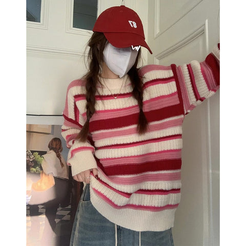 Sonicelife Shellsuning Autumn Winter New Lazy O-neck Striped Knitted Sweater Women Loose Pullover Warm Jumpers Female Vintage Leisure Tops
