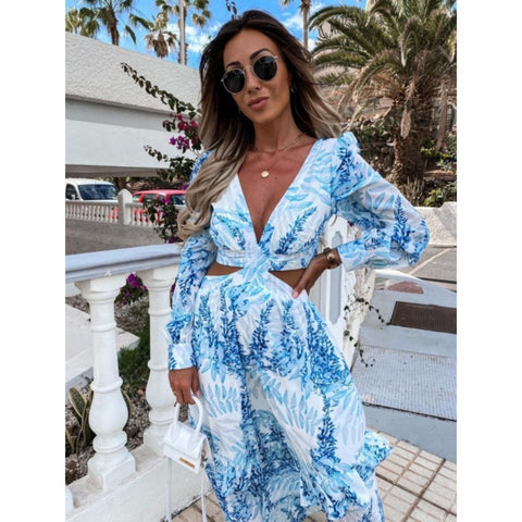 Back to school outfit Sonicelife  Women  Maxi Dress 2023 Summer V-Neck Backless Hollow Out Lantern Sleeve Club Party Long Dresses Female Tunic Beach Cover Up