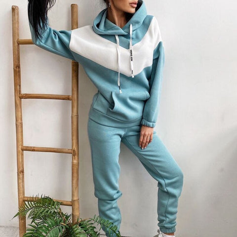 Sonicelife  2024 Women Contrast Color Casual Sports Loose Pocket Sweatshirt Trousers Suits Two Piece Set Autumn Drawstring Hooded Tracksuits