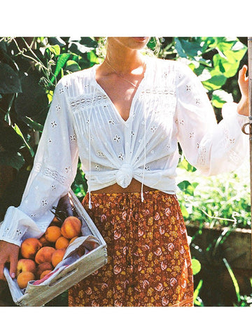 2023 Spring Summer Ruffled Embroidery Blouses V-Neck Long-sleeve French Blouse V-neck Boho White Lady Shirts Blusas