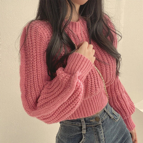 Sonicelife Women‘s Crop Knit Sweater Loose Puff Sleeve Pullover Women‘s New KnitWear Tops 2024 Winter Autumn Korean Style Clothing